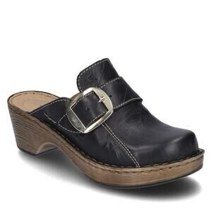 Josef Seibel Lily 10 Black Leather Gold Buckle Slip On Clogs